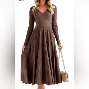 Womens Long Sleeve Midi Sweater Dress Wrap V Neck Pleated A Line Fit Flare